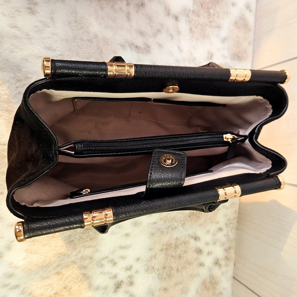 Lauren Conrad Black Faux Pebble‎ Leather & Suede Handbag Satchel Purse Rose Gold